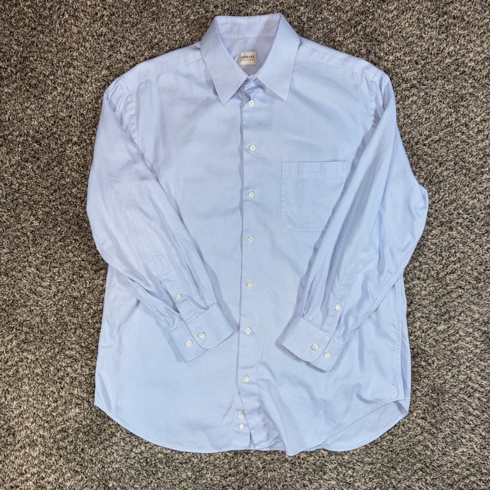Vintage Armani Collezioni Size 16 41 Mens Blue Twill Dress Shirt Button Down